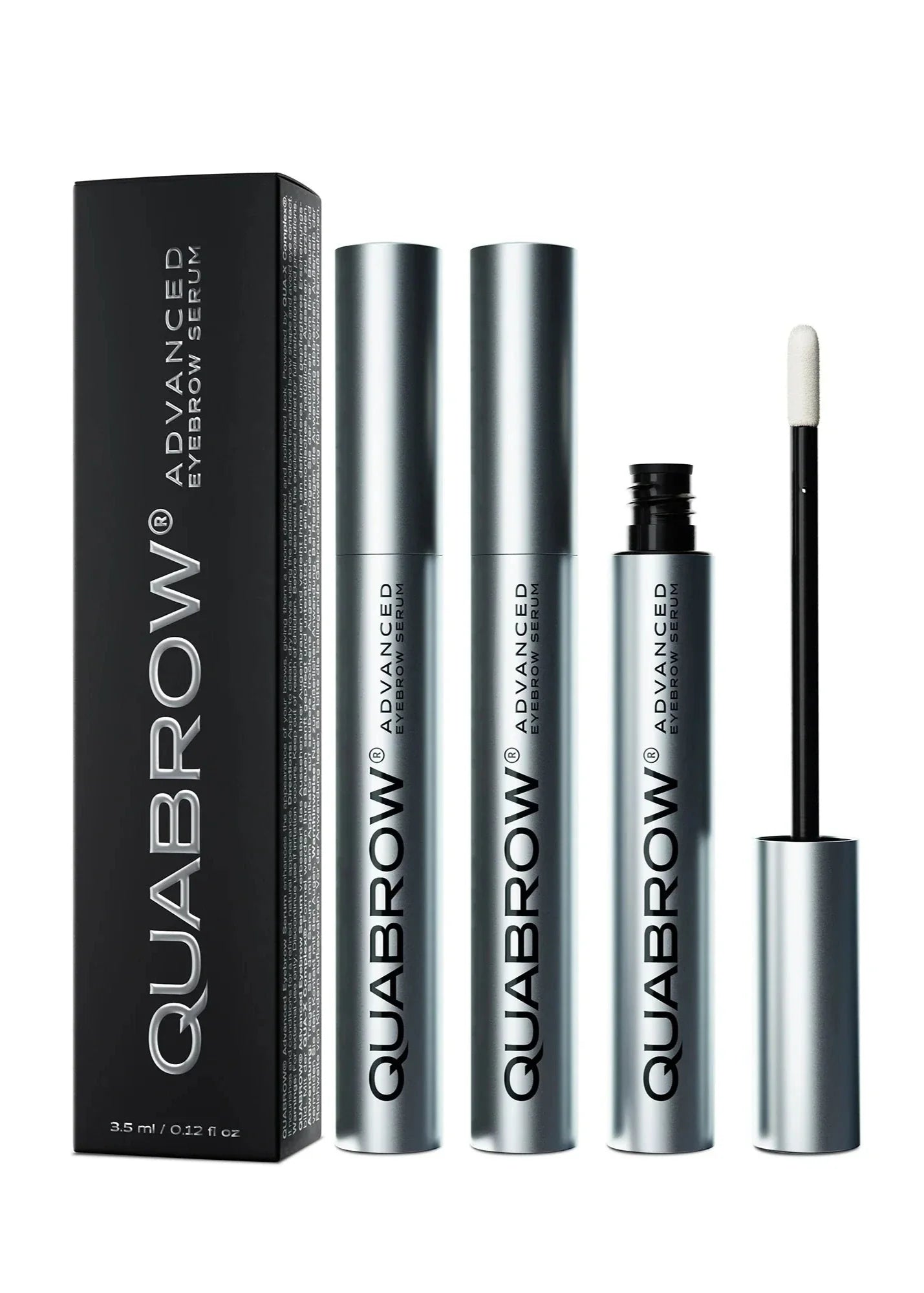 QUABROW Advanced Eyebrow Serum Trio Set displayed on branded packaging with one tube opened