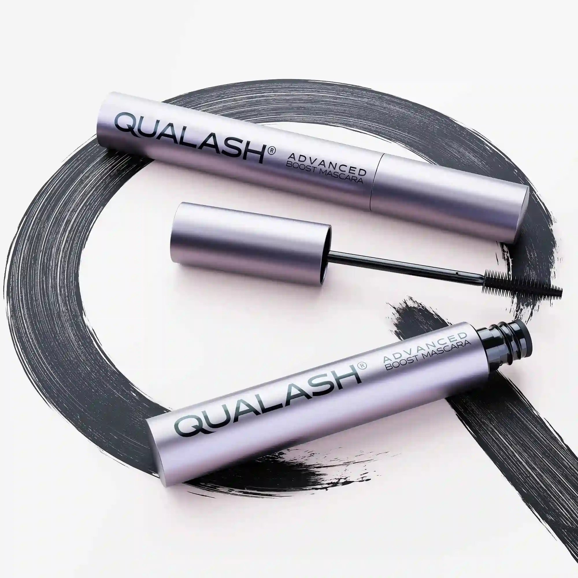 QUALASH Advanced Mascara Volume Max with silicone brush and black smudge stroke